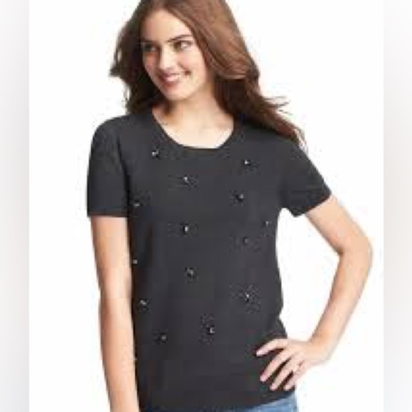 Ann Taylor Loft Gray Jeweled Cotton Blend Sweater Tee Top - Picture 1 of 9